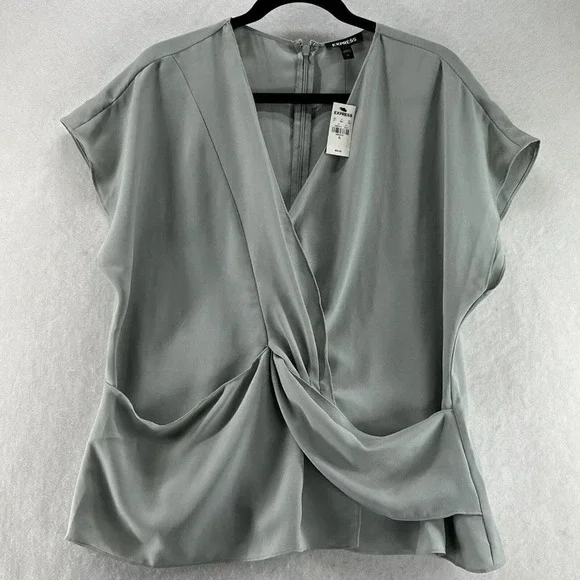 EXPRESS Blouse Size XL Crepe Surplice Twist Front Dolman Sleeve Back Zip Gray - Picture 10 of 13